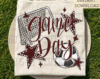 Game Day Soccer PNG Hand Drawn Soccer Ball & Net Sublimation PNG Retro Game Day Shirt Design Maroon Checkered Stars Clipart