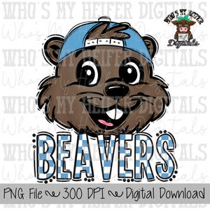 May include: A cartoon beaver head wearing a light blue baseball cap, positioned above the word BEAVERS in a blue and white chequered pattern. The beaver has brown fur, large black eyes, and visible white teeth. A small logo is in the top right.