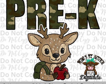 Camouflage Pre K PNG Hand Drawn Pre K Sublimation Design Back to School Hunting PNG  First day of School Shirt Designs School Boy Deer Shirt