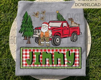 Papá Noel cazador de patos con nombre en bloque, sublimación PNG. Papá Noel dibujado a mano en camuflaje PNG. Diseño de camiseta navideña para niños. Garabato de caza navideña.