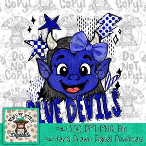 May include: A digital graphic illustration featuring a blue-skinned character with horns and a blue bow, surrounded by blue stars, a lightning bolt, and a heart. The text BLUE DEVILS is written in bold blue letters below the character's face.