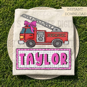 Firefighter Truck with Name Block Sublimation PNG Hand Drawn Fire Truck with Pink Bow PNG Kid Shirt Design Fire Engine Doodle Art Father Day