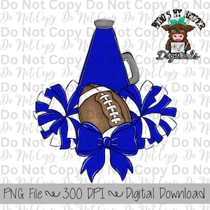 Blue and White Football Cheer PNG Hand Drawn Football, Pompoms, & Cheer Bow Sublimation Design Girl Game Day Shirt Design Cheer Clipart