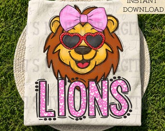 Valentine's Day Lions PNG Hand Drawn Lions with Bow Sublimation PNG Game Day Shirt Design School Spirit PNG Heart Lion Doodle Art