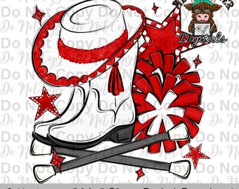 Equipe de treinamento vermelha e branca PNG Pompons desenhados à mão, chapéu de treinamento e bastão giratório Design de sublimação Design de camisa para dia de jogo de banda Botas de equipe de treinamento
