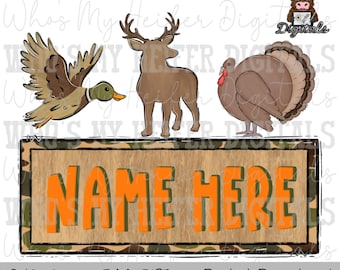 Bloque de nombre de trío de animales de caza Sublimación PNG Ciervo, pato y pavo dibujados a mano PNG Diseño de camiseta de caza para niños Arte de camuflaje para niños