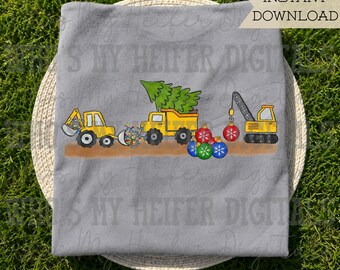 Christmas Construction Truck Sublimation Design Hand Drawn Trucks with Tree and Ornament PNG Construction Shirt Designs Dump Truck Clipart