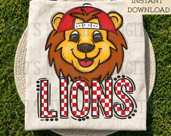 Red & White Lions PNG Hand Drawn Lions with Hat Sublimation PNG Game Day Shirt Design School Spirit PNG Checkered Lion Doodle Art