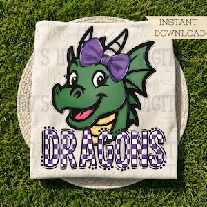 Purple & White Dragons PNG Hand Drawn Dragon with Bow Sublimation PNG Game Day Shirt Design School Spirit PNG Checkered Dragon Doodle Art