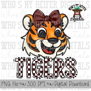 Maroon & White Tiger PNG Hand Drawn Tiger with Bow Sublimation PNG Game Day Shirt Designs School Spirit PNG Checkered Tiger Digital Download