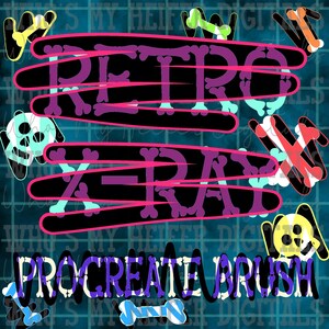 May include: A digital graphic design featuring the text RETRO X-RAY and PROCREATE BRUSH in purple and white bone-shaped lettering. The background is a dark teal grid pattern with scattered colorful skulls and bones in yellow, orange, and light blue.