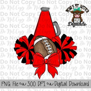 Red and Black Football Cheer PNG Hand Drawn Football, Pompoms, & Cheer Bow Sublimation Design Girl Game Day Shirt Design Cheer Clipart