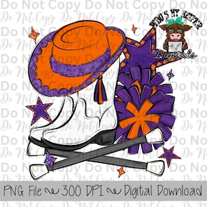 Purple and Orange Drill Team PNG Hand Drawn Pompoms, Drill Hat, & Baton Twirler Sublimation Design Game Day Shirt Design Drill Team Boots