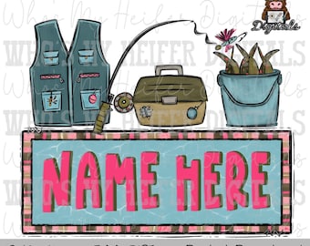 Fishing Trio Name Block Sublimation PNG Hand Drawn Vest, Tackle Box, & Fishing Pole PNG Girl Fishing Shirt Design Kids Fish Doodle Art