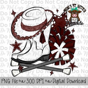 Burgundy and White Drill Team PNG Hand Drawn Pompoms, Drill Hat, & Baton Twirler Sublimation Design Game Day Shirt Design Drill Team Boots