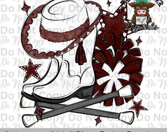 Equipe de treinamento marrom e branca PNG Pompons desenhados à mão, chapéu de treinamento e bastão giratório Design de sublimação Design de camisa para o dia do jogo Botas da equipe de treinamento