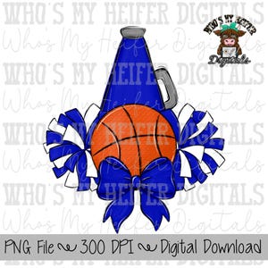 Puede incluir: Gráfico digital con un megáfono azul, una pelota de baloncesto naranja y pompones azules y blancos. Hay un lazo azul en la parte inferior. El texto "PNG File ~ 300 DPI ~ Digital Download" está en la parte inferior.