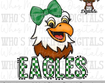Green & White Eagles PNG Hand Drawn Eagle with Bow Sublimation Game Day Shirt Design School Spirit Digital Download Checkered Eagle Doodle