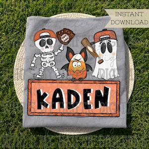 Halloween Baseball with Name Block PNG Hand Drawn Spooky Skeleton Bat Ghost Sublimation File Trendy Boy Halloween Doodle Patch Shirt Design