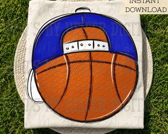 Balón de baloncesto azul y blanco con gorra hacia atrás PNG Balón de baloncesto dibujado a mano con gorra Sublimación PNG Diseño de camiseta para el día del partido Espíritu escolar Doodle Art