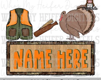 Bloque de nombre de caza de pavos sublimación PNG dibujado a mano Chaleco de cazador y reclamo de pavo PNG Diseño de camiseta de caza para niño Arte de camuflaje para niños