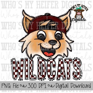 Maroon & Black Wildcat PNG Hand Drawn Wildcat with Hat Sublimation PNG Game Day Shirt Design School Spirit PNG Checkered Wildcats Doodle Art