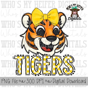 Yellow & White Tiger PNG Hand Drawn Tiger with Bow Sublimation PNG Game Day Shirt Designs School Spirit PNG Checkered Tiger Digital Download
