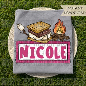 S'more Trio with Name Patch PNG File Hand Drawn Campfire & Marshmallow Clipart Kid Camping Sublimation Shirt Design Digital Download