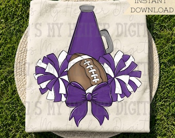 Purple and White Football Cheer PNG Hand Drawn Football Pompoms & Cheer Bow Sublimation Design Girl Game Day Shirt Design Cheer Clipart