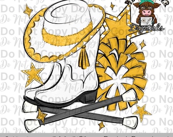 Equipe de treinamento amarela e branca PNG Pompons desenhados à mão, chapéu de treinamento e bastão giratório Design de sublimação Design de camisa de dia de jogo de banda Bota de equipe de treinamento