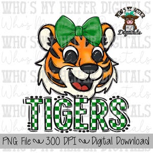 Green & White Tiger PNG Hand Drawn Tiger with Bow Sublimation PNG Game Day Shirt Designs School Spirit PNG Checkered Tiger Digital Download