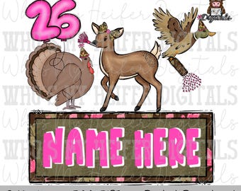 New Year Animals Trio Name Block Sublimation PNG Hand Drawn Deer, Duck, & Turkey PNG Kids Hunting Shirt Design Child Camouflage Doodle Art