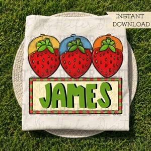 Whimsical Strawberry Trio with Name Patch Sublimation PNG Hand Drawn Strawberries with Hat PNG Kids Shirt Design Strawberry Doodle Art