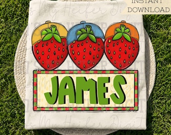 Trío de fresas caprichosas con parche de nombre Sublimación PNG Fresas dibujadas a mano con sombrero PNG Diseño de camiseta infantil Arte de garabatos de fresa