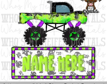 May include: A digital graphic featuring a monster truck with a bright green flame pattern, purple suspension springs, and black tires with star-shaped centers. Below the truck is a rectangular frame with a ghost pattern and the text NAME HERE.