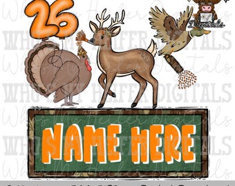 New Year Animals Trio Name Block Sublimation PNG Hand Drawn Deer, Duck, & Turkey PNG Kids Hunting Shirt Design Child Camouflage Doodle Art