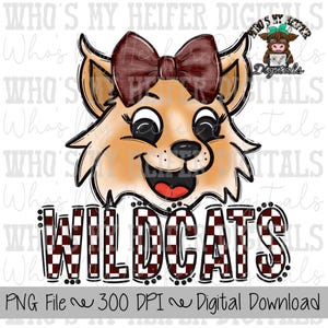Maroon & White Wildcat PNG Hand Drawn Wildcat with Bow Sublimation PNG Game Day Shirt Design School Spirit PNG Checkered Wildcats Doodle Art