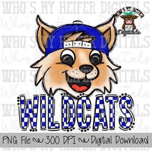 Blue & White Wildcat PNG Hand Drawn Wildcat with Hat Sublimation PNG Game Day Shirt Design School Spirit PNG Checkered Wildcats Doodle Art