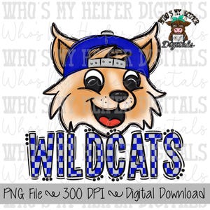 Blue & Gray Wildcat PNG Hand Drawn Wildcat with Hat Sublimation PNG Game Day Shirt Design School Spirit PNG Checkered Wildcats Doodle Art