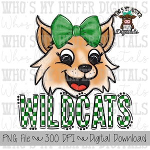 Green & White Wildcat PNG Hand Drawn Wildcat with Bow Sublimation PNG Game Day Shirt Designs School Spirit PNG Checkered Wildcats Doodle Art