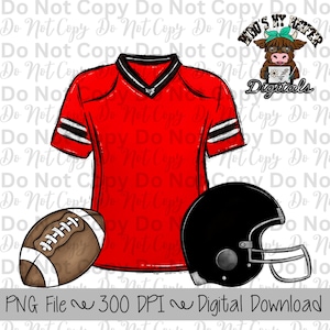 Red and Black Football Trio PNG Hand Drawn Football, Jersey, & Helmet Sublimation Design Boy Game Day Shirt Design Football Gear Clipart