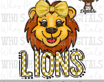 Gold & White Lions PNG Hand Drawn Lions with Bow Sublimation PNG Game Day Shirt Design School Spirit PNG Checkered Lion Doodle Art