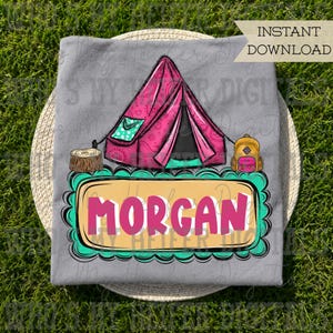 Whimsical Camping Tent Trio with Name Patch PNG Hand Drawn Pink Tent & Hiking Backpack Sublimation File Girly Camping Theme Shirt Design