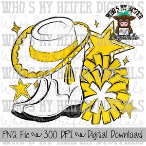Yellow and White Drill Team PNG Hand Drawn Pom Poms & Drill Hat Sublimation Design Band Game Day Shirt Design Drill Team Boot Printable Art