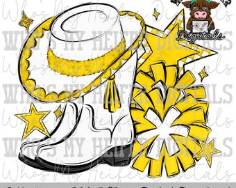 Equipe de treinamento amarela e branca PNG Pompons desenhados à mão e chapéu de treinamento Design de sublimação Design de camisa de dia de jogo de banda Bota de equipe de treinamento Arte para impressão