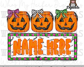 Halloween Bucket Trio with Bow PNG Hand Drawn Jack o lantern Bucket Sublimation File Girl Halloween Shirt Design Checkered Coquette Bow DTG
