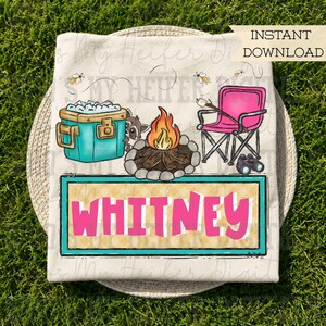 Whimsical Camping Trio with Name Patch PNG File Hand Drawn Campfire Chair & Cooler Clipart Kid Camping Sublimation Shirt Design Digital Art