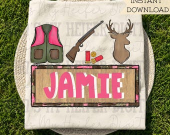 Deer Hunting Name Block Sublimation PNG Hand Drawn Pink Hunter Vest & Buck PNG File Girl Hunting Shirt Design Kid Camouflage Doodle Art