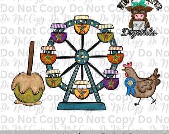 Caramel Apple Ferris Wheel Chicken Sublimation Design Hand Drawn Carnival Sublimation Shirt Design State Fair PNG File Livestock Fair PNG
