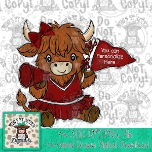 Rode en witte schattige Cheer boerderijdier PNG handgetekende Highland Cow Cheerleader met aanpasbare wimpel en megafoon sublimatiebestand meisje boog